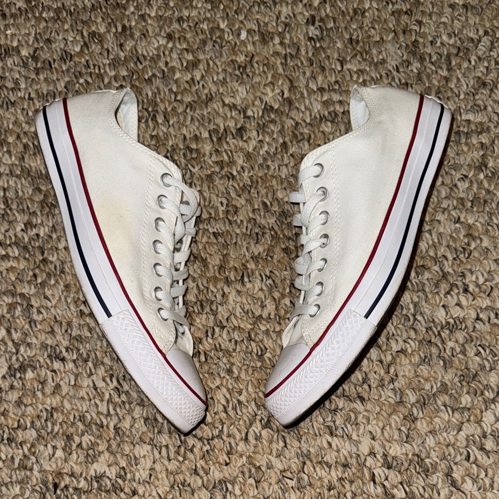 White Low Top Converse with Red and Navy Accents